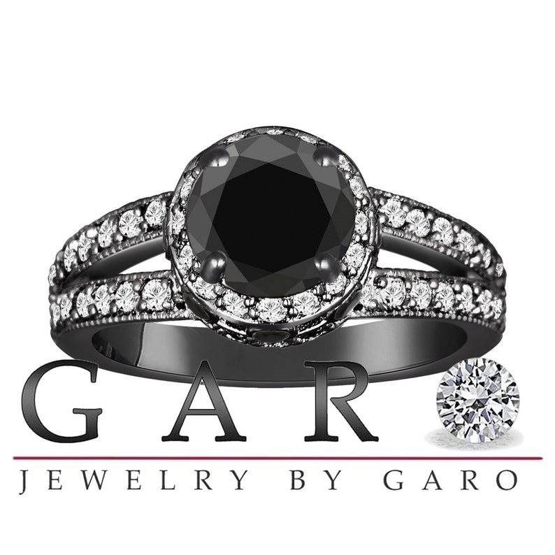 Black Diamond Halo Engagement Ring, Vintage Engagement Ring, 1.80 Carat 14K Black Gold Unique Pave handmade Certified image 2