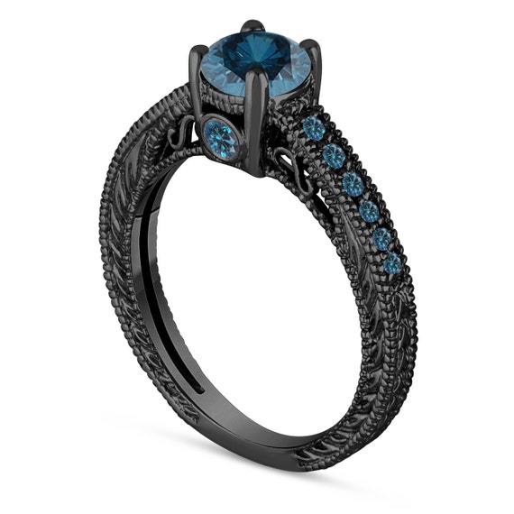 Blue Diamond Engagement Ring Wedding Ring Unique 14K Black Gold Vintage Antique Style Engraved 0.70 Carat Certified Handmade Etsy Canada
