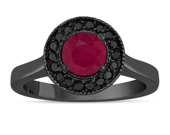Ruby And Black Diamonds Engagement Ring 14K Black Gold Vintage Style 1.10 Carat Certified Pave Set Halo Handmade Unique