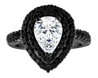 Pear Moissanite & Black Diamond Engagement Ring, 14k White Gold, Handmade
