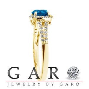 Blue & White Diamonds Engagement Ring 1.34 Carat SI1 14K Yellow Gold HandMade Halo Wedding Ring image 2