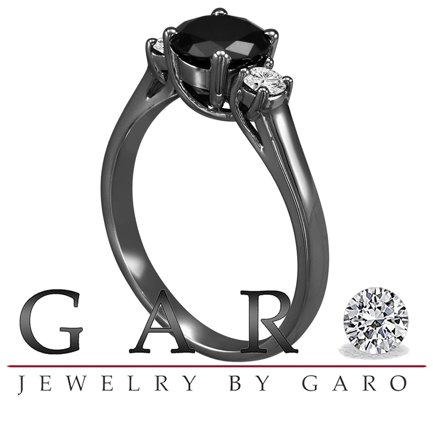 Black Diamond Wedding Ring Three Stone Engagement Ring Etsy