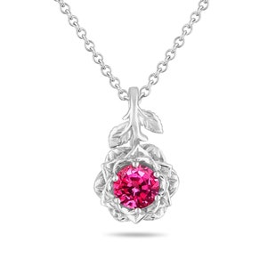 1.00 Carat Pink Sapphire Floral Pendant Necklace, 14K White Gold Rose Flower Unique Handmade Certified image 1