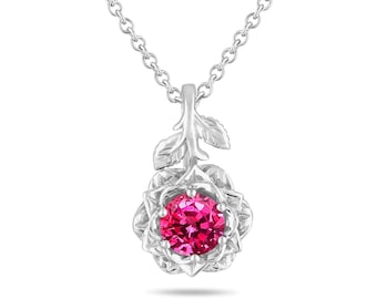 1.00 Carat Pink Sapphire Floral Pendant Necklace, 14K White Gold Rose Flower Unique Handmade Certified