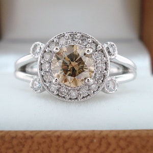 Champagne Brown Diamond Engagement Ring, Halo Bridal Ring, Wedding Ring 0.91 Carat 14k White Gold Pave Certified Unique handmade