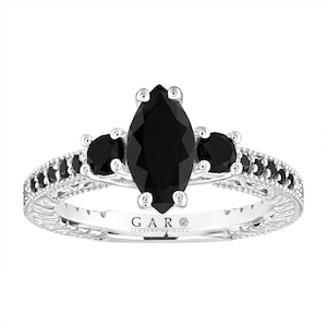 Handmade Marquise Black Diamond Engagement Ring: 14k White Gold Vintage Style