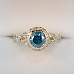 Blue Diamond Engagement Ring Yellow Gold, Halo Engagement Ring, Infinity Bridal Ring, 1.30 carat Micro Pave Set handmade image 3