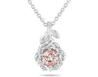 0.85 Carat Morganite Floral Pendant Necklace, Rose Flower Solitaire Unique 14K White Gold or Rose Gold Handmade Certified