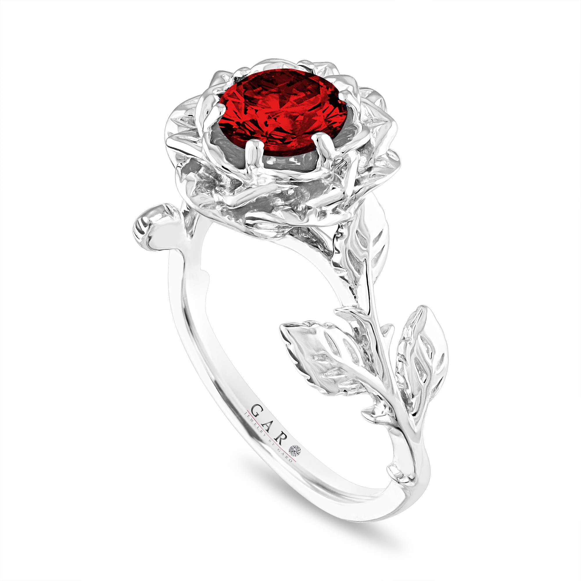 Engagement Ring Ruby - Unique Floral With Vivid Red Ruby