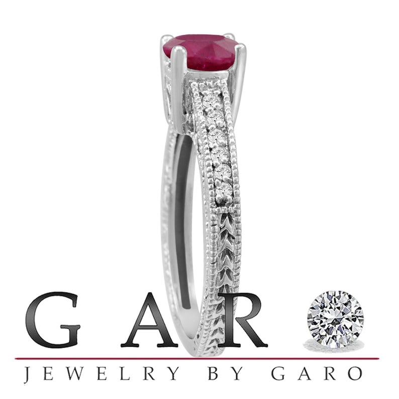 0.87 Carat Ruby & Diamond Engagement Ring Set, Wedding Rings Sets, Anniversary Rings, 14K White Gold Vintage Style Certified HandMade image 5