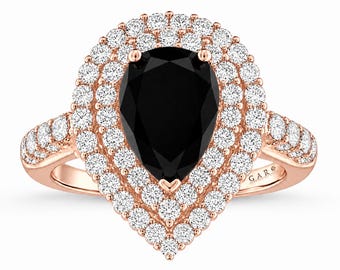 Handmade Black Diamond Pear Engagement Ring: Double Halo, 14k White Gold