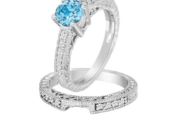 Blue Topaz and Diamonds Engagement Ring Sets, 1.26 Carat 14K White Gold, Rose Gold Or Black Gold Vintage Style Certified Handmade