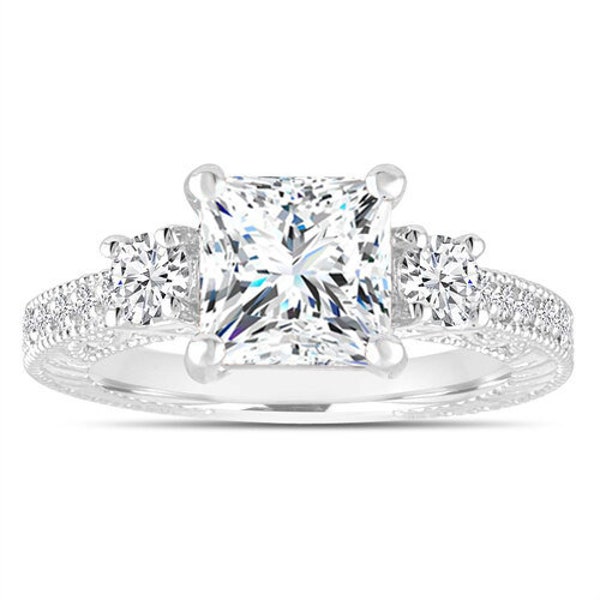 Princess Cut Lab Grown Diamond Engagement Ring, 2.38 Carat Unique Vintage IGI Certified Platinum, 14K White Gold or Rose Gold Handmade