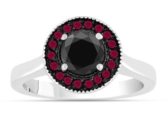 Black Diamond Engagement Ring, Ruby Engagement Ring, 14K White Gold 0.95 Carat Certified Pave Halo Bridal Unique Handmade