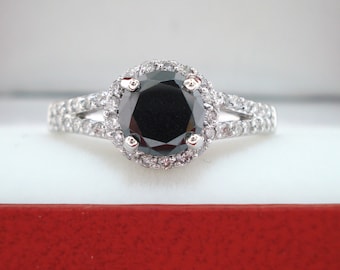 1.42 Carat Black Diamond Engagement Ring Halo 14K White Gold Handmade Certified