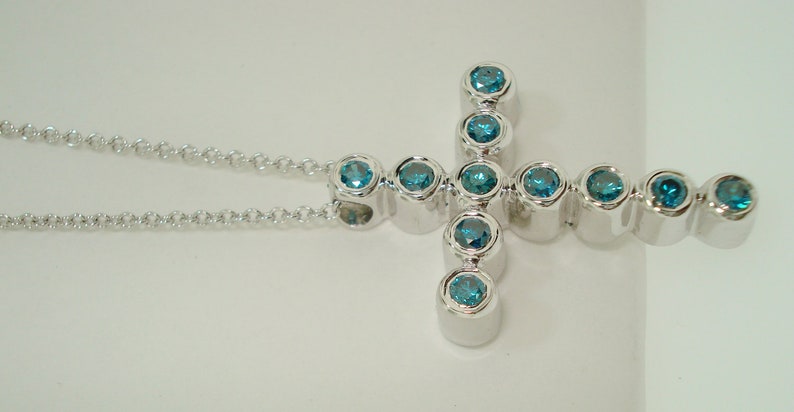 Blue Diamond Cross Pendant Necklace 14K White Gold 0.38 Carat Handmade Fine Bezel Set image 3