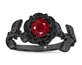 Ruby Floral Engagement Ring, Rose Flower Anniversary Ring, Unique 0.60 Carat Platinum or 14K Black Gold or 14K White Gold Handmade Certified