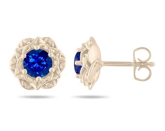 Rose Flower Blue Sapphire Stud Earrings: 14K Gold Handmade