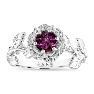 Purple Diamond Floral Engagement Ring, Unique Rose Flower 0.46 Carat Platinum, Vintage Style 14K Black Gold or White Gold Handmade