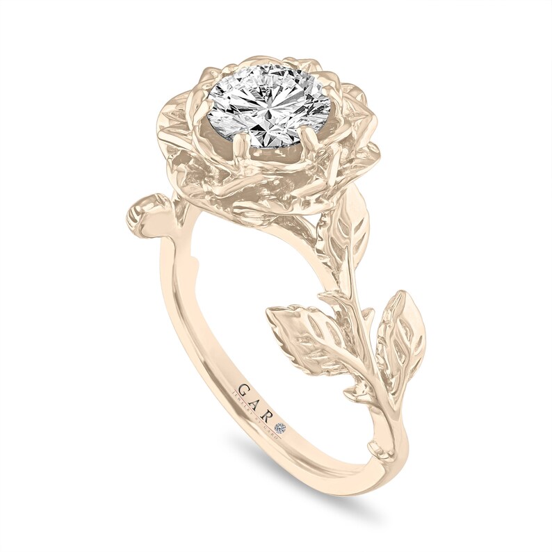 Floral Diamond Engagement Ring Rose Flower Anniversary Ring Etsy