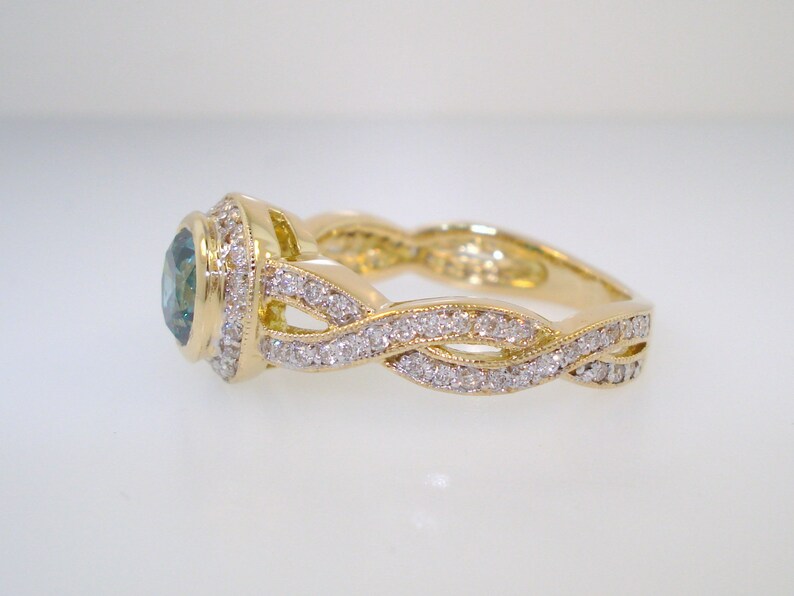 Blue Diamond Engagement Ring Yellow Gold, Halo Engagement Ring, Infinity Bridal Ring, 1.30 carat Micro Pave Set handmade image 2