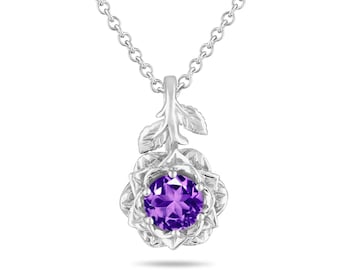 1 Carat Amethyst Rose Flower Floral Pendant Necklace, 14K White Gold, Rose Gold, Yellow Gold Or Black Gold Vintage Style Handmade Certified