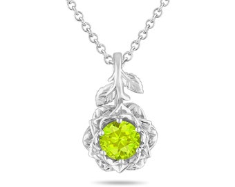 1 Carat Peridot Flower Pendant Necklace, Rose Flower Solitaire Unique 14K White Gold Handmade Certified