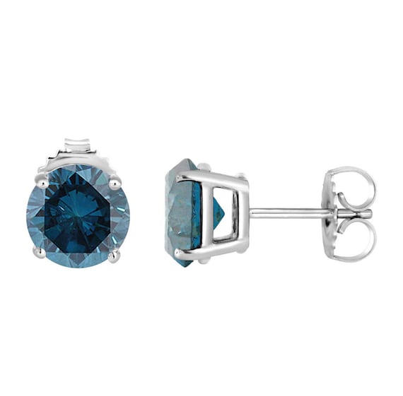 1.00 Carat (ctw) 14K White Gold Round Blue & White Diamond Ladies Halo  Style Stud Earrings 1 CT