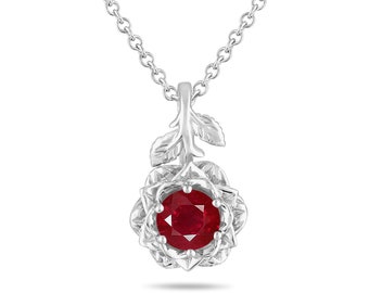 1.02 Carat Ruby Floral Pendant Necklace, 14K White Gold Or Black Gold Vintage Style Rose Flower Unique Handmade Certified