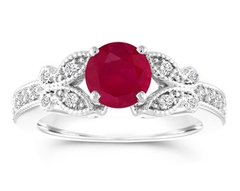 Butterfly Ruby Engagement Ring, Ruby and Diamonds Wedding Ring, Ruby Anniversary Ring, 1.18 Carat  14K White Gold Certified Pave Unique