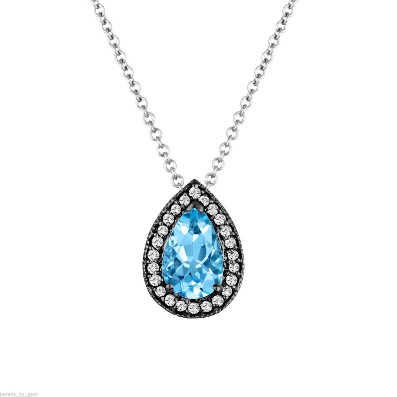 Pear Shape Aquamarine & Diamonds Pendant Necklace, Platinum, 14K White Gold, Rose Gold, Yellow Gold Or Black Gold 0.84 Carat Handmade image 9