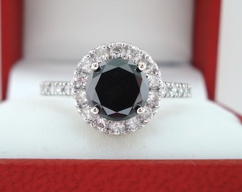 Black Diamond Halo Engagement Ring, 14k White Gold, Handmade Pave (1.57 Carat)