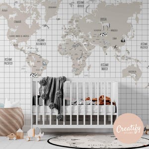 Minimalistische kinderwereldkaart afdrukbaar | Digitale download voor kinderdagverblijf en klas