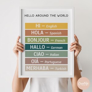 Afdrukbare Hello Around the World-kaart: digitale meertalige poster voor kinderen - educatieve poster - speelkamer