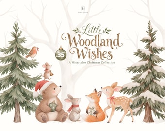 Puede incluir: Una ilustración en acuarela titulada Little Woodland Wishes que muestra un oso con gorro de Papá Noel, un conejo, un zorro, un ciervo, un ratón y un pájaro entre pinos nevados. El texto dice Little Woodland Wishes A Watercolor Christmas Collection.