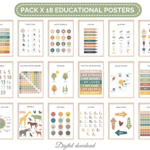 Cartazes educativos para imprimir para crianças - 18 tabelas de aprendizagem para sala de aula e casa - Decoração de sala de jogos Montessori - Download digital
