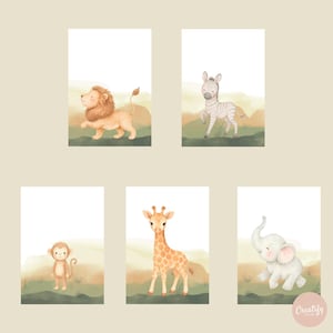 Safari Animals Printable Wall Art Set of 5 – Boho Nursery Decor, Digital Download, Jungle Animal Prints, Baby Room Wall Art,Instant Download