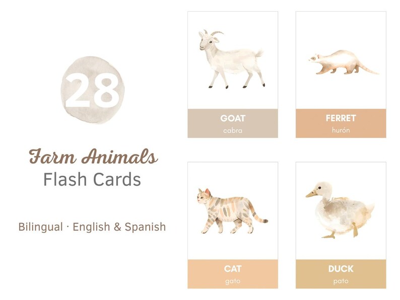 Printable Farm Animals Flash Cards Set of 28 | Bilingual English ...