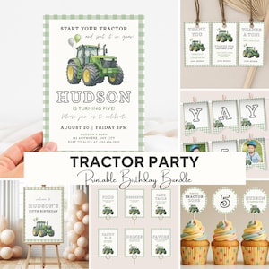 May include: A collection of printable tractor-themed birthday party decorations. Includes invitations, thank you tags, a banner, cupcake toppers, and food labels. The color scheme is green and white.