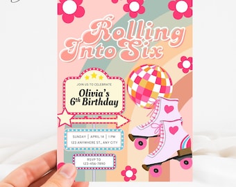 Uitnodiging voor een 6-jarig meisje, retro verjaardagskaart, pastelkleurige rolschaats verjaardagskaart, rolschaatsfeestuitnodiging voor een meisje