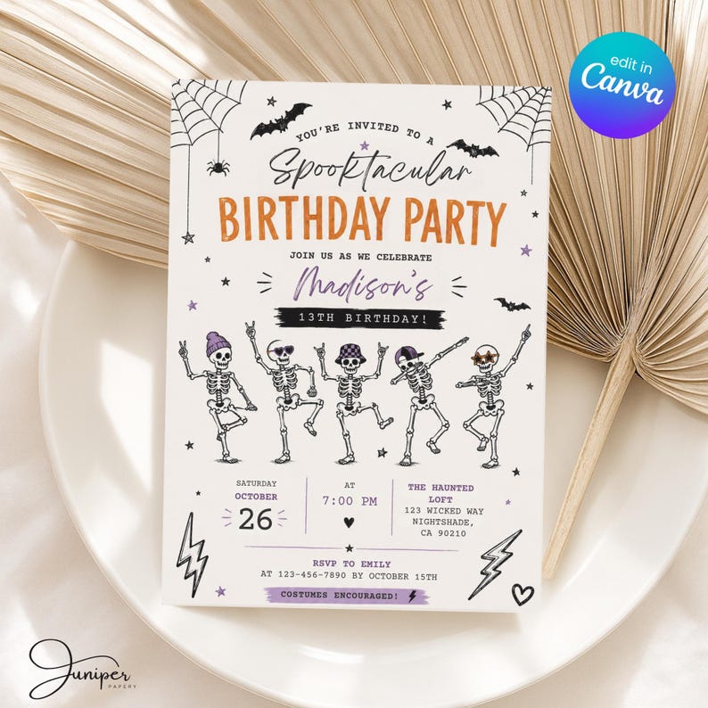 The image is a birthday party invitation featuring a spooky theme with illustrations of skeletons dancing and a spider web. The invitation invites guests to a birthday party celebrating Madison's 13th birthday, with details about the event and a contact information section.