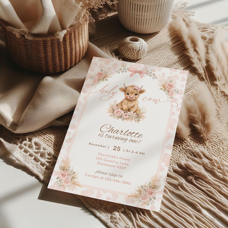 Highland Cow Birthday Invitate, Holy Cow First Birthday Invite, Holy Cow Pink Girl Invite, Scottish Cow Birthday Invite, Farm Animal Invite