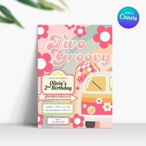 Zwei Groovy-Geburtstags-Einladung, Retro zweijähriges Mädchen-Geburtstag einladen, Geburtstags-Mädchen-Einladung 2 Jahre, zwei Groovy-Einladung Digital