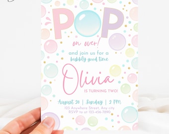 Invitación de cumpleaños con burbujas, invitación para segundo cumpleaños con burbujas, invitación de cumpleaños para niña de 2 años en tonos pastel, invitación de cumpleaños para niña con burbujas