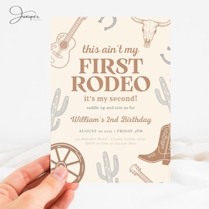 May include: A western-themed birthday invitation with the text "this ain't my FIRST RODEO". The invitation features illustrations of a guitar, cactus, horseshoe, and a cowboy boot. The invitation is for William's 2nd birthday.