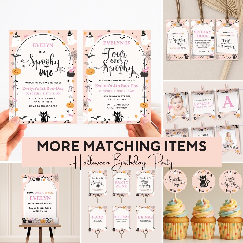 May include: A collection of Halloween-themed birthday party decorations. Includes invitations, tags, photo banners, and cupcake toppers. The invitations feature the text "Evelyn is a Spooky One" and "Evelyn is Four Ever Spooky."