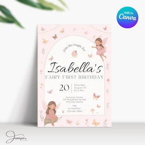 Convite de primeiro aniversário da Fada Rosa, Convite da Nossa Pequena Fada, Convite Mágico da Fada, Convite para o Jardim das Fadas, Convite para as Borboletas Fadas