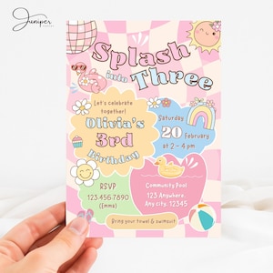 May include: A birthday invitation with a retro design. The invitation features the text "Splash into Three" and "Olivia's 3rd Birthday". The design includes a pink and white checkered background, a sun, a rainbow, and a floating duck.