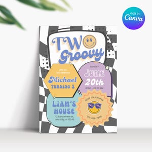 Zwei Groovy Geburtstagseinladung, Retro zweijähriger Junge-Geburtstagseinladung, Geburtstagskind-Einladung 2 Jahre, zwei Groovy-Einladung Digital