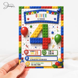 May include: A rectangular birthday invitation card featuring a colorful building block theme. The design includes a large number 4 constructed from yellow, green, blue, and red blocks, with text reading Oliver is turning, Saturday June 28, 2:00 to 5:00 PM, Party Clubhouse 123 Builder Way, Playtown 90210, and RSVP to Amanda (Mom) 123-456-7890.